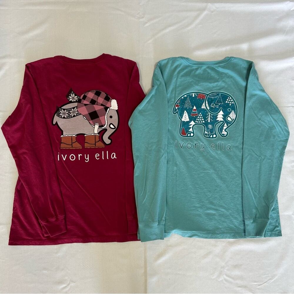 Lot of 2 Ivory Ella Christmas Long Sleeve Shirts Red & Turquoise Medium